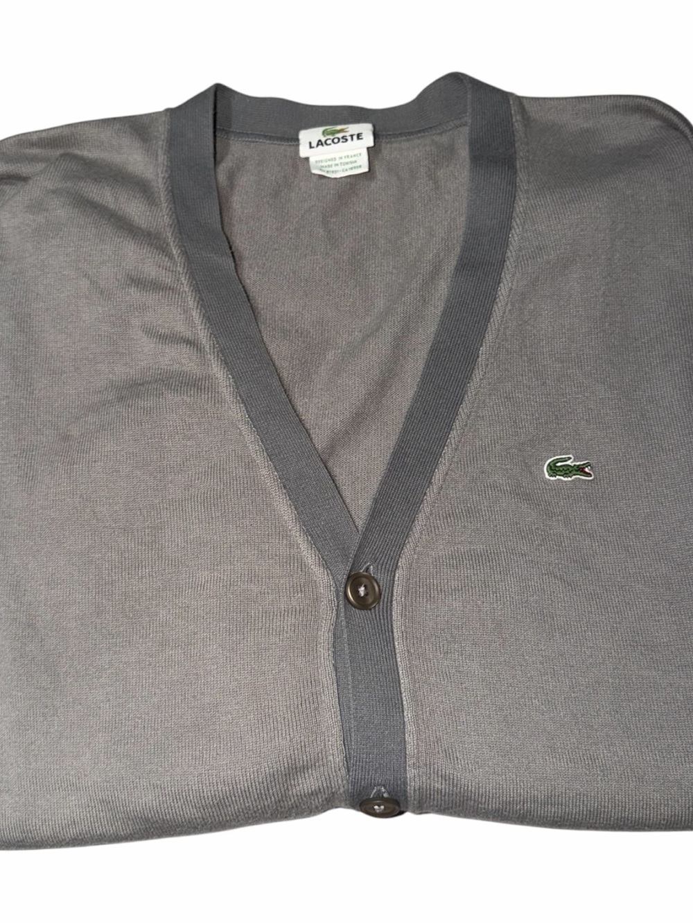 Lacoste Men's Gray V-Neck Button Front Cardigan with Embroidered Crocodile